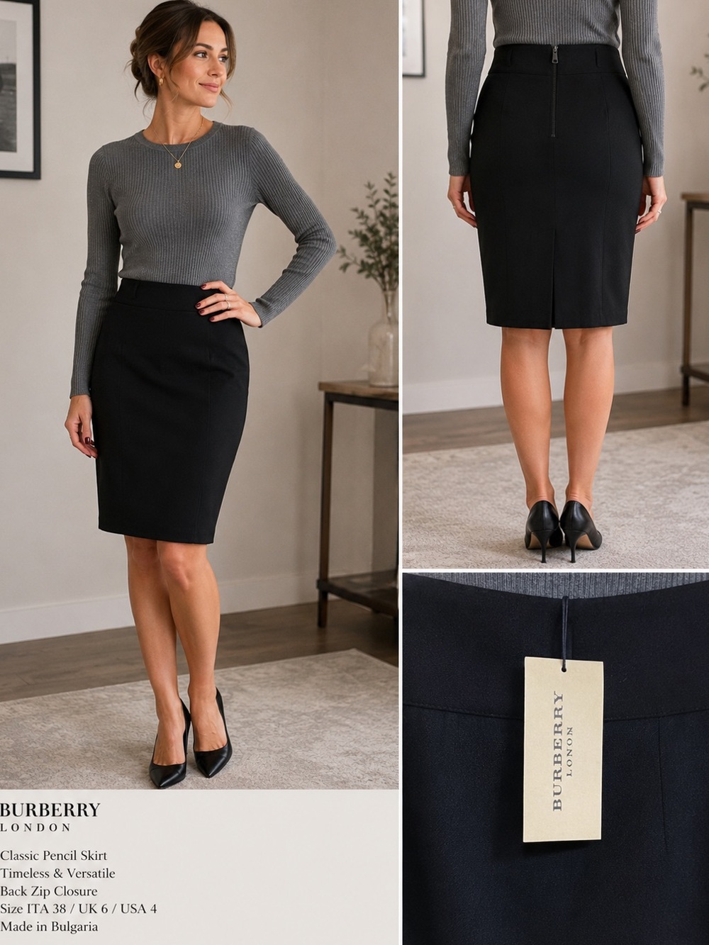 Burberry Pencil Skirt Women’s 4 Black Knee Length ZIP Closure Midi